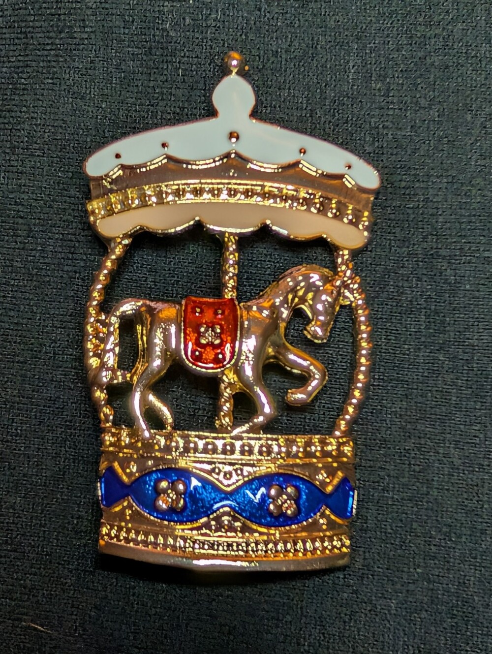 Gold Carousel Horse Pin with Blue and White Enamel